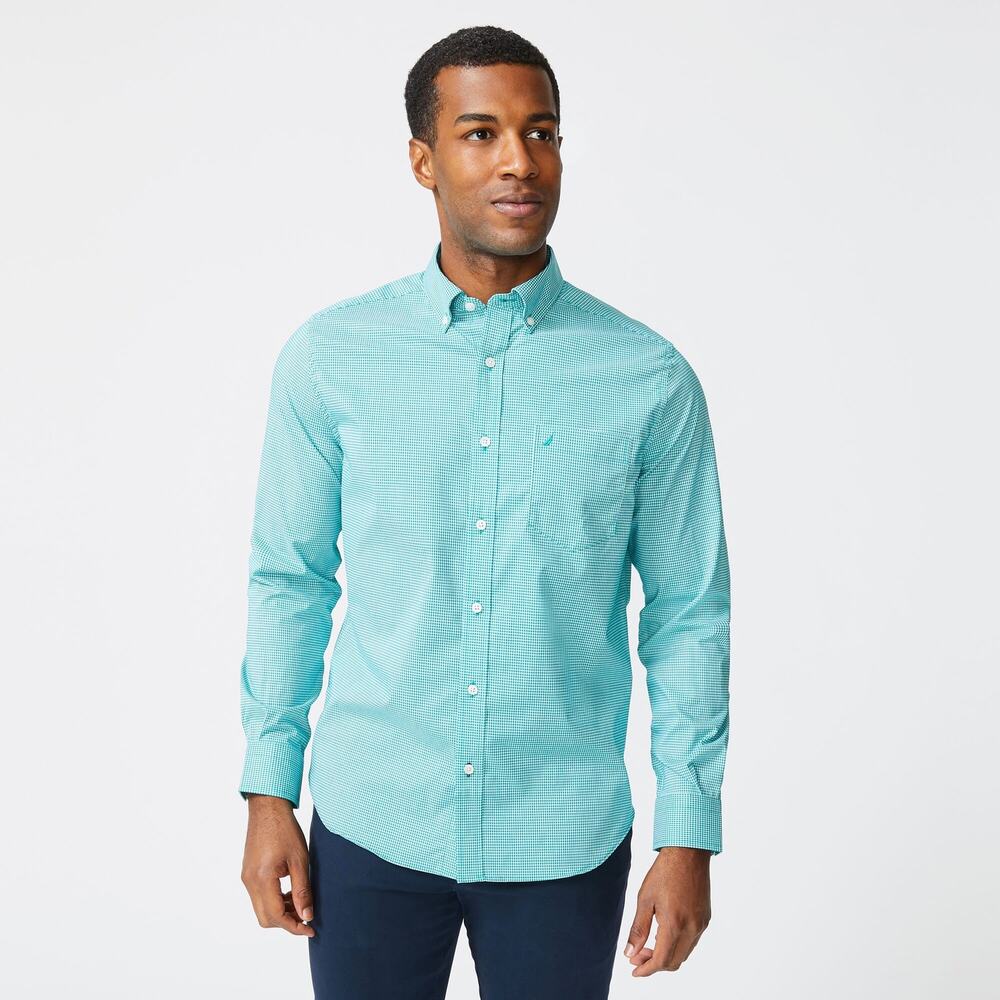 Nautica Blue Green White Gingham Plaid Stretch Long Sleeve Button Down Shirt XL